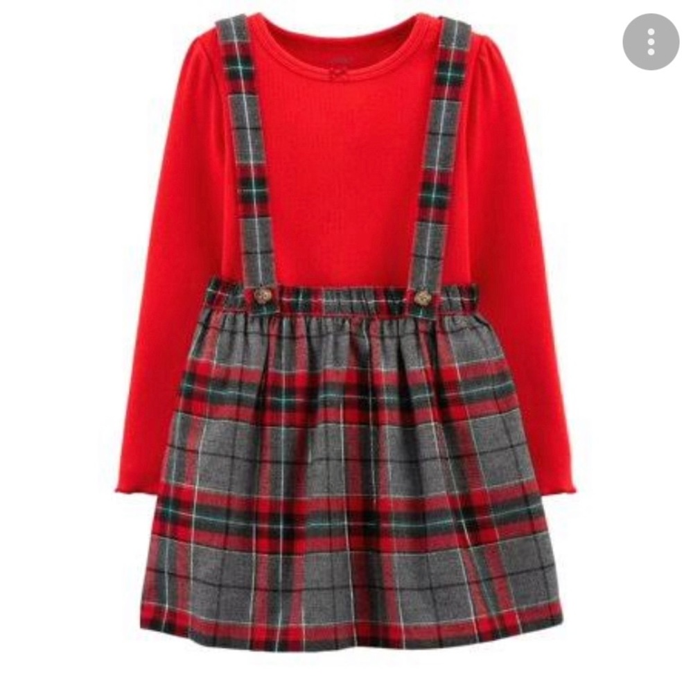 Carter’s Baby Girls 2 PC Outfit Red Shirt & Gray Plaid Jumper Dress Set 12M